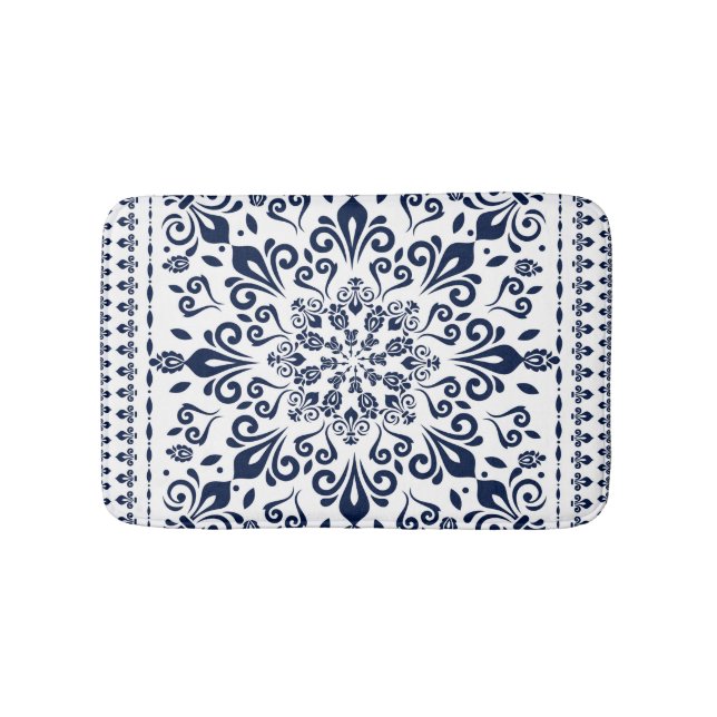 Oriental Damask blue on white Bath Mat (Front)