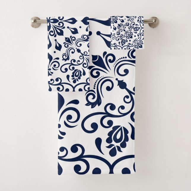 Oriental Damask blue on white Bath Towel Set (Insitu)