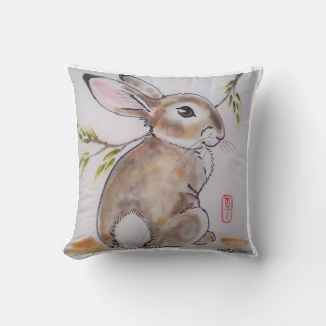 Oriental Design Rabbit Pillow, Original Artwork Cushion (Front)