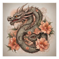 Oriental Dragon and Flowers 