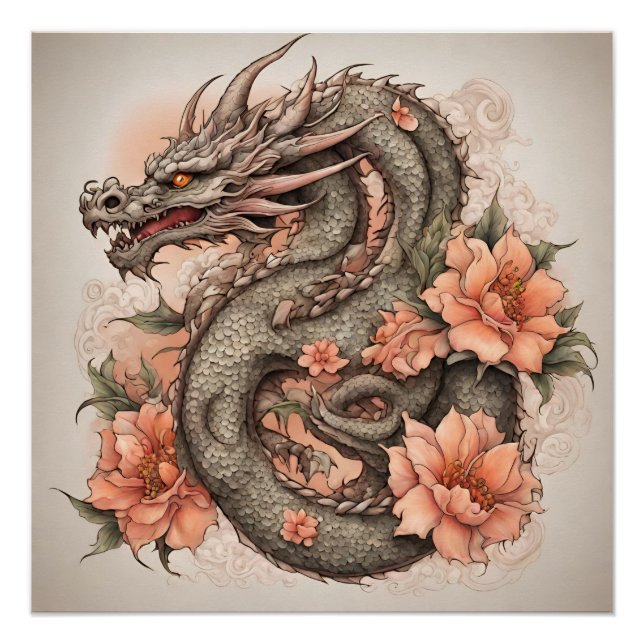Oriental Dragon and Flowers  Poster (Front)