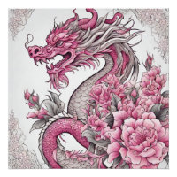 Oriental Dragon and Pink Flowers