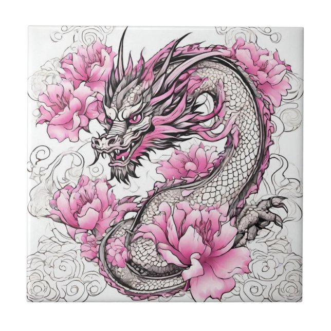 Oriental Dragon with Vibrant Pink Flowers  Tile (Front)