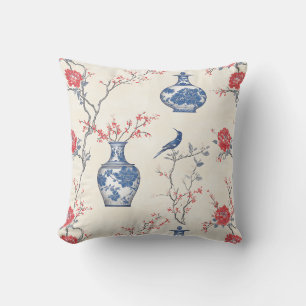 Oriental Elegance: Blue Porcelain and Blossoms Cushion