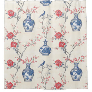 Oriental Elegance: Blue Porcelain and Blossoms Shower Curtain