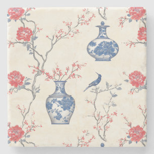 Oriental Elegance: Blue Porcelain and Blossoms Stone Coaster
