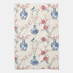 Oriental Elegance: Blue Porcelain and Blossoms Tea Towel