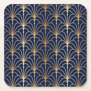 Oriental Elegance: Golden Fan Pattern Square Paper Coaster