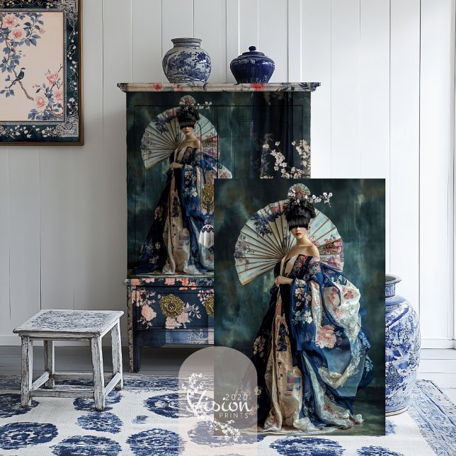 Oriental Esthetics Elegant Geisha Portrait Tissue Paper (Elegant Geisha Portrait Beauty, cherry blossom & fan couture, furniture decoupage tissue paper)