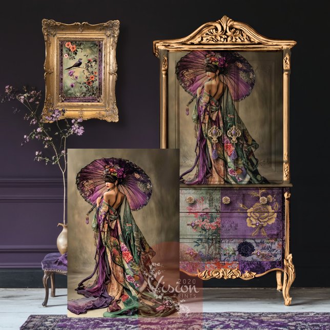 Oriental Esthetics Japanese Geisha Portrait Art Tissue Paper (Oriental Aesthetics, Geisha Portrait Art, Moody Purple and Green Decoupage Tissue Paper)