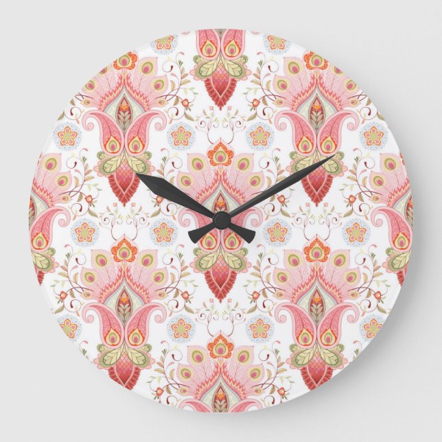 Oriental Flair: Damask Peacock Paisley Large Clock (Front)