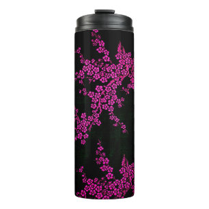 Oriental floral cherry blossom black pink thermal tumbler