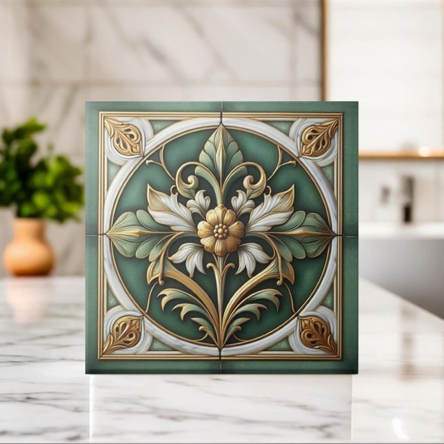Oriental Floral Ornament Tile - Green and Gold (Creator Uploaded)