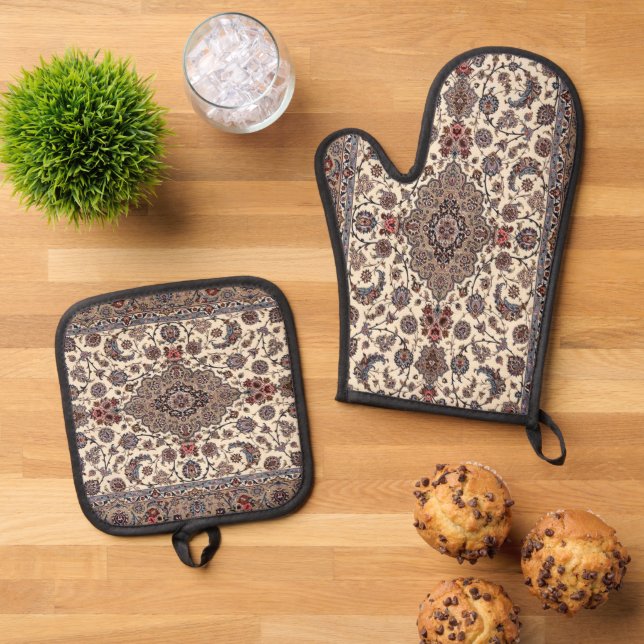 Oriental  Floral Persian  Carpet Pattern Oven Mitt & Pot Holder Set (Top Down)
