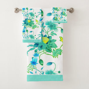 Oriental Florals Bright Blues Yellow on White Bath Towel Set
