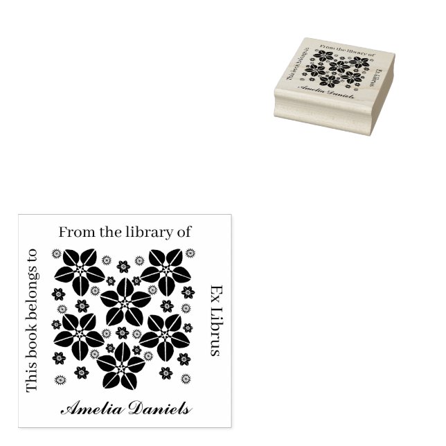 Oriental flower bookplate rubber stamp (Stamped)