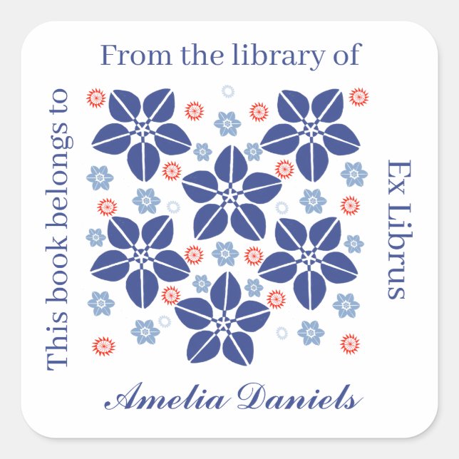 Oriental flower bookplate square sticker (Front)