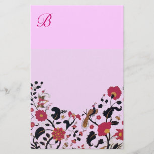 ORIENTAL FLOWERS,BIRDS PEACOCKS PINK FLORAL STATIONERY