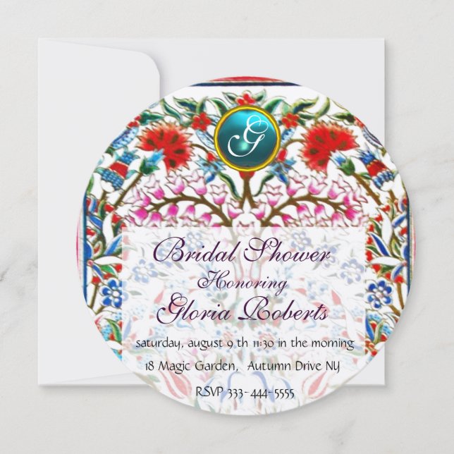 ORIENTAL FLOWERS DAMASK BLUE GEM MONOGRAM INVITATION (Front)
