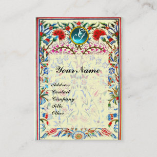ORIENTAL  FLOWERS DAMASK MONOGRAM Blue Cream Business Card