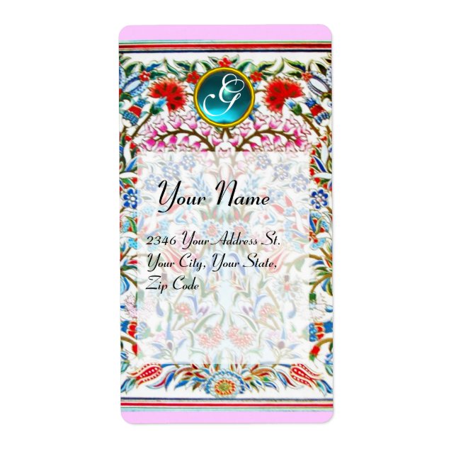 ORIENTAL  FLOWERS DAMASK MONOGRAM Blue Pink (Front)