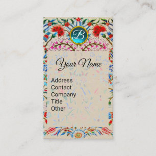 ORIENTAL FLOWERS DAMASK MONOGRAM Blue Pink Floral Business Card