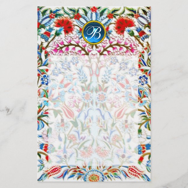 ORIENTAL  FLOWERS DAMASK MONOGRAM Blue Sapphire Stationery (Front)