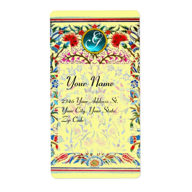 ORIENTAL  FLOWERS DAMASK MONOGRAM Blue Yellow (Front)