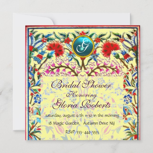 ORIENTAL  FLOWERS DAMASK MONOGRAM Blue Yellow Invitation (Front)