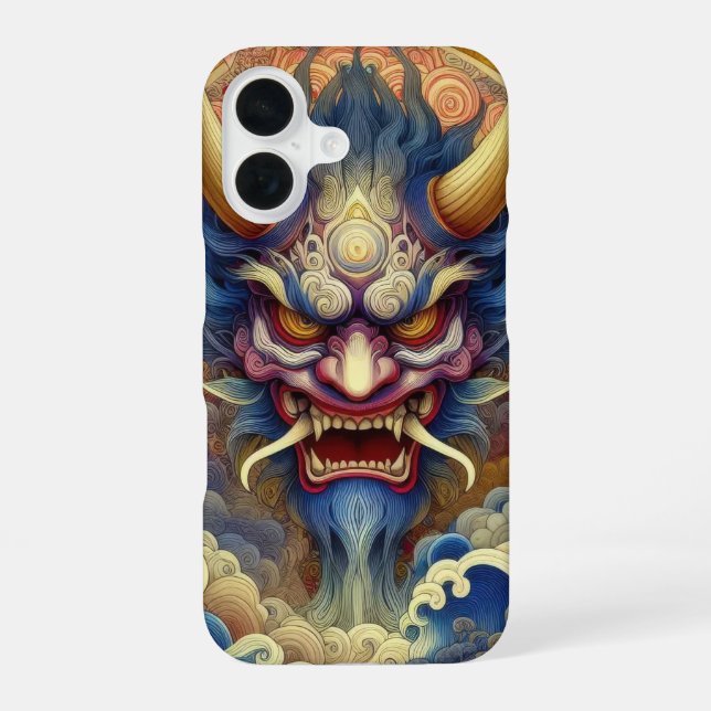 Oriental fractal abstract Oni demon face iPhone 16 Case (Back)