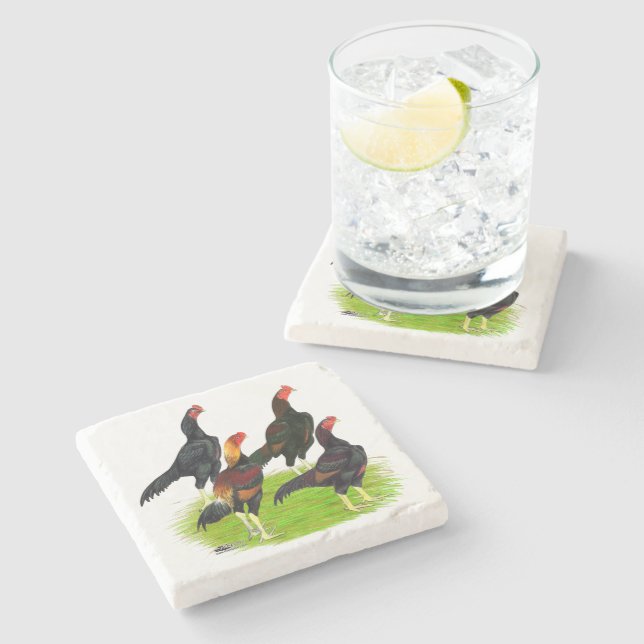 Oriental Game Fowl Quartet Stone Coaster (Side)