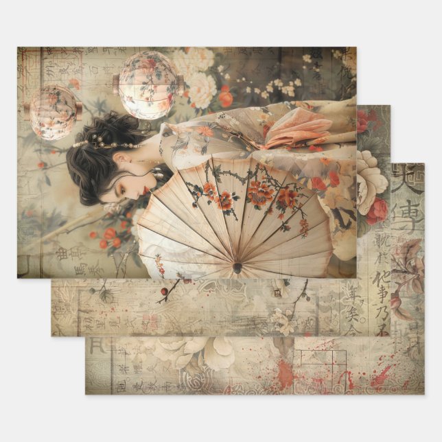 Oriental Geisha Esthetics Heavy Weight Decoupage  Wrapping Paper Sheet (Set)