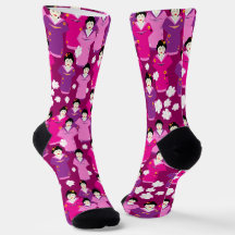 Oriental Geisha In Kimonos Pink Pattern
