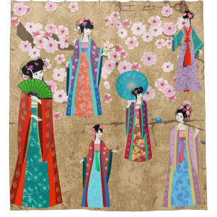 Oriental girl in retro costumejapanese, chinese, a shower curtain
