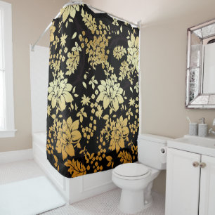 Oriental Golden Flowers on Black Shower Curtain