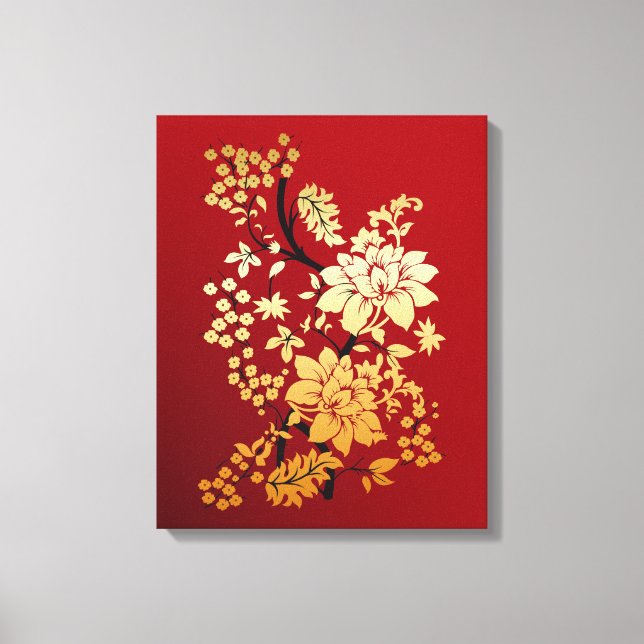 Oriental Golden Flowers on Red Canvas Print (Front)