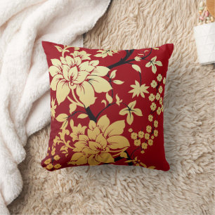 Oriental Golden Flowers on Red Cushion
