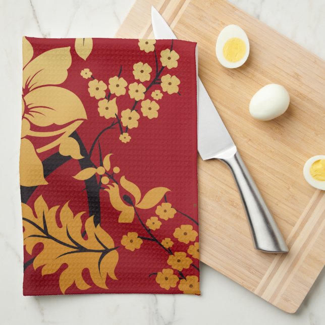 Oriental Golden Flowers on Red Tea Towel (Quarter Fold)