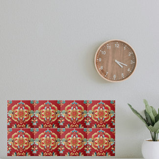 Oriental Golden Flowers Red Background Tile