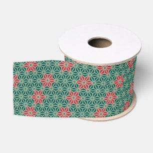 Oriental Green Red Yellow Asanoha Star Pattern Grosgrain Ribbon