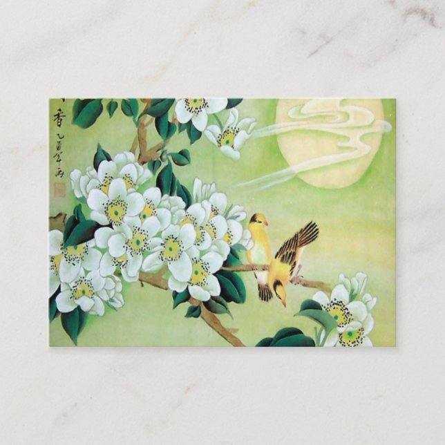 Oriental Green With White Flowers Business Card (Front)