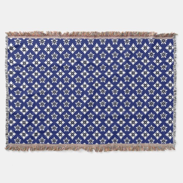 Oriental Indigo White Katazome Flowers Pattern Throw Blanket (Front)
