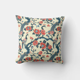 Oriental-Inspired Floral & Peafowl Bird Cushion