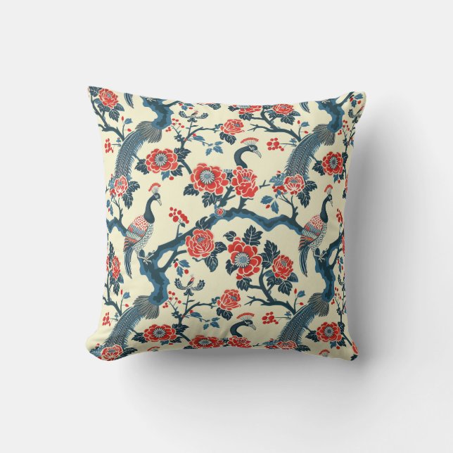 Oriental-Inspired Floral & Peafowl Bird Cushion (Front)