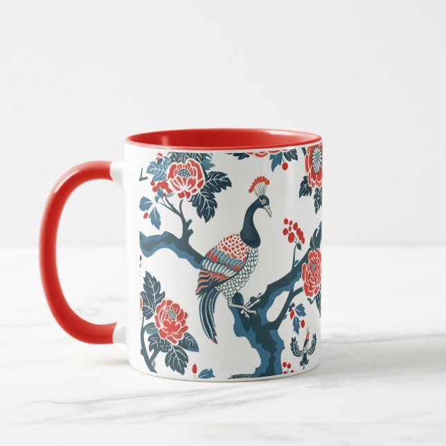 Oriental-Inspired Floral & Peafowl Bird Mug (Left)