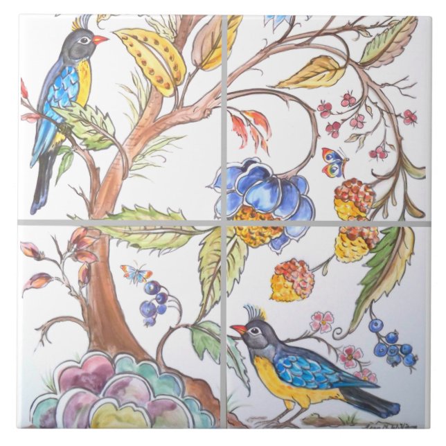 Oriental Jacobean Bird Floral Colourful Chinoiseri Tile (Front)
