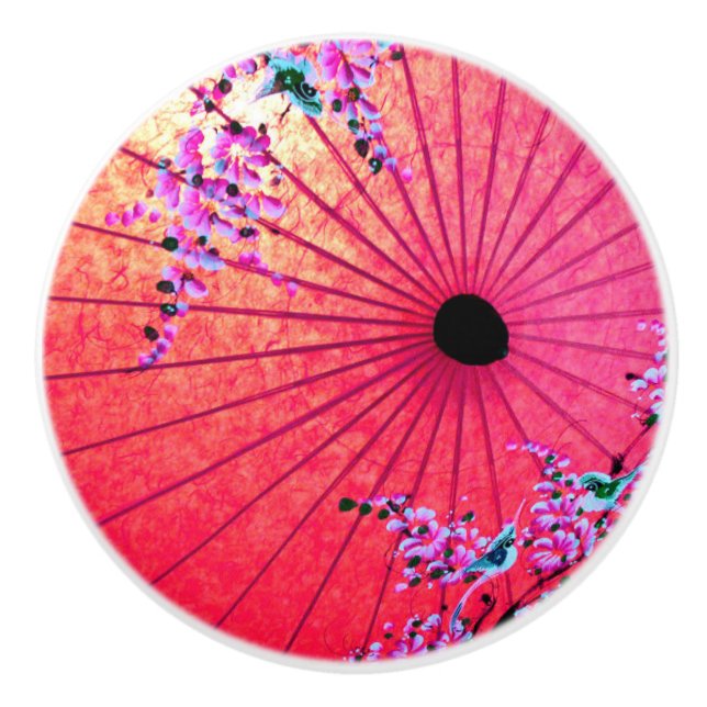 Oriental japanese floral pink red painted parasol  ceramic knob (Front)