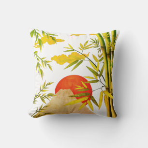 Oriental Japanese Mountain Sunrise With Bamboo Cushion