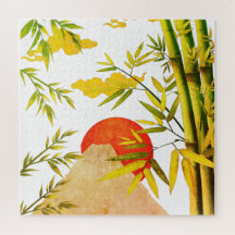Oriental Japanese Mountain Sunrise With Bamboo