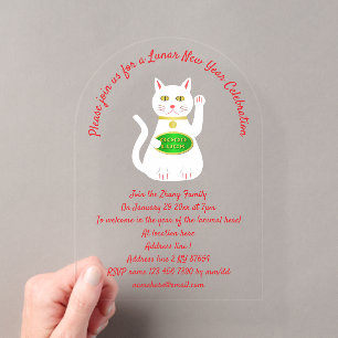 Oriental Lucky Cat Custom Lunar New Year Acrylic Invitations